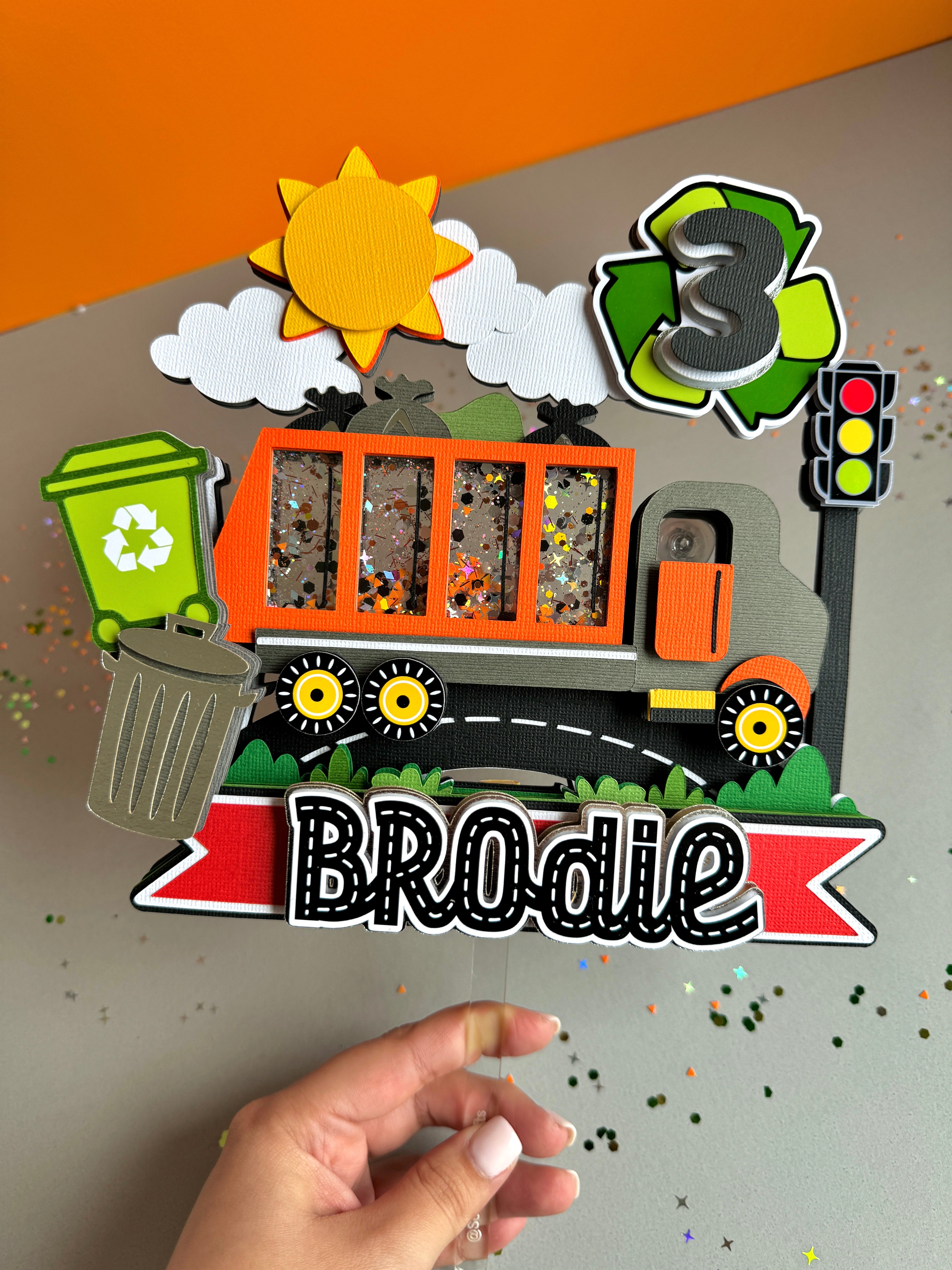 Garbage Truck Birthday Cake Topper – Sparkle Sign For Trash & Recycling Themed Parties